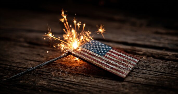 Glowing sparkler with rustic wooden flag of United States of America for independence, labor, July 4th, president, veteran and Memorial day holiday celebration background. High quality