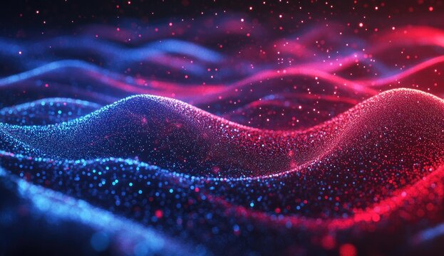 Abstract digital wave with glowing particles in red and blue