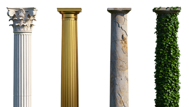 A Quartet of Classical Columns Architectural Studies in White Gold Stone and Verdant Green Displaying Texture and Design against a Black Backdrop