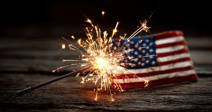 Glowing sparkler with rustic wooden flag of United States of America for independence, labor, July 4th, president, veteran and Memorial day holiday celebration background. High quality