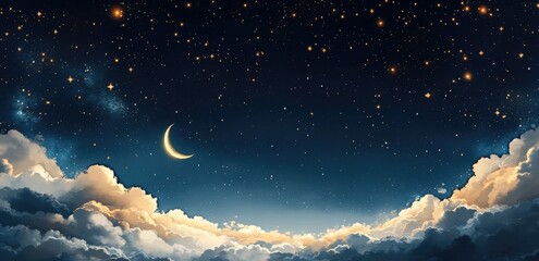 Starry night sky with crescent moon and clouds