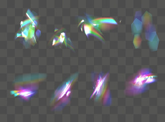 Iridescent crystal leak glare reflection effect. Optical rainbow lights, glare, leak, streak overlay. falling confetti.