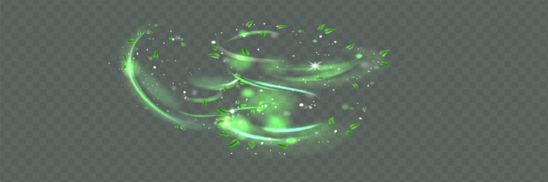 Green shiny line spiral spring wind effect with dust particles and leaves particles on black background. Concept of freshness, growth, spring, summer and ecology.