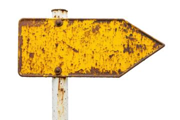Rusty Yellow Arrow Road Sign isolated on transparent white background, clipping path