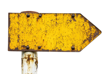 Rusty Yellow Arrow Road Sign isolated on transparent white background, clipping path
