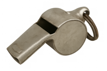 Vintage metal whistle hanging on metal ring, isolated, professional tool for signaling sporting events