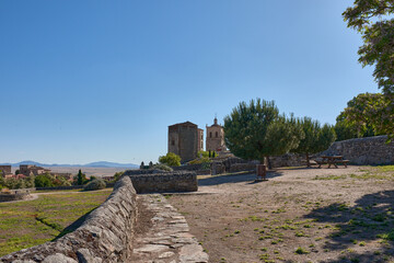 Panoramic view of the Lorenzana Palace in Trujillo under a clear blue sky, historic architecture,...