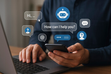 Person Using Laptop & Smartphone, Interacting with AI Assistant for Digital Support and Online Assistance
