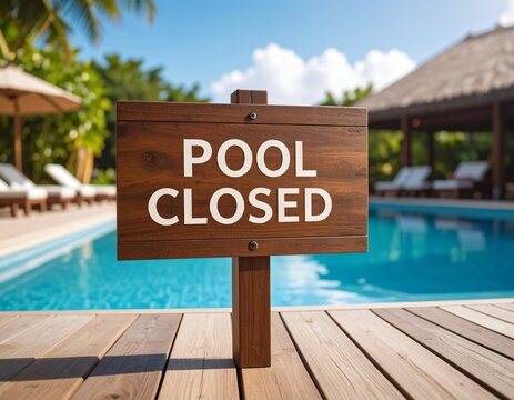 "Pool Closed" sign near swimming pool edge. Ideal for summer safety, maintenance warning, restricted access, or hotel service updates. Visual for travel, rules, or public facility management themes.