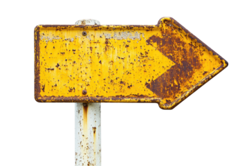Rusty Yellow Arrow Road Sign isolated on transparent white background, clipping path