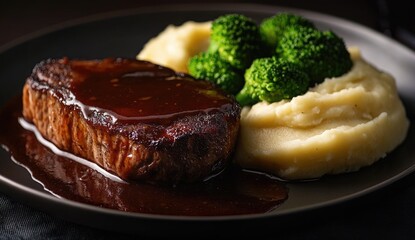 Seared steak with rich sauce, mashed potatoes, and broccoli
