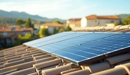Solar panels mounted on terracotta roof, overlooking houses and hills