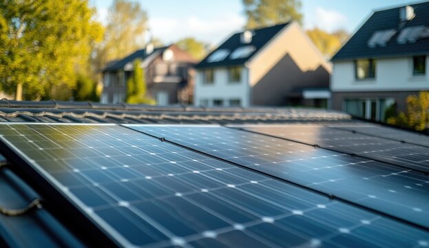 Solar panels on a house roof, with blurred suburban homes in the background