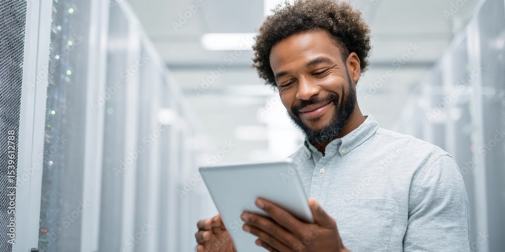 Poster Modern Data Center Technician Using Tablet for Network Management and System Monitoring in High-Tech Server Environment, Emphasizing IT Security