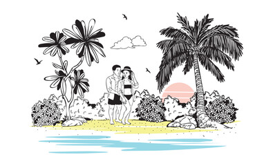 couple in love on the beach sketch tropical landscape vector