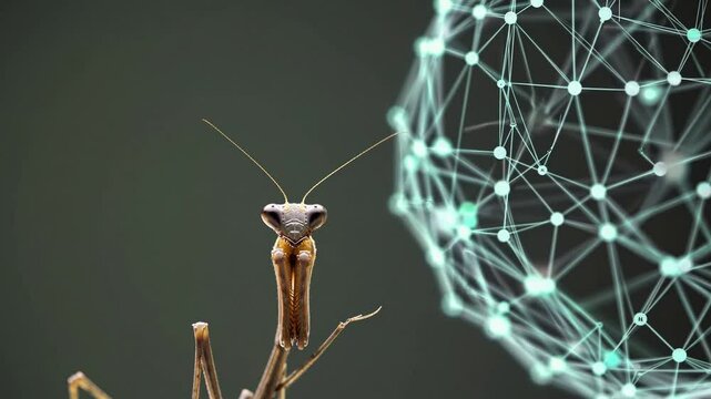 Praying mantis faces glowing AI neural network in futuristic green light