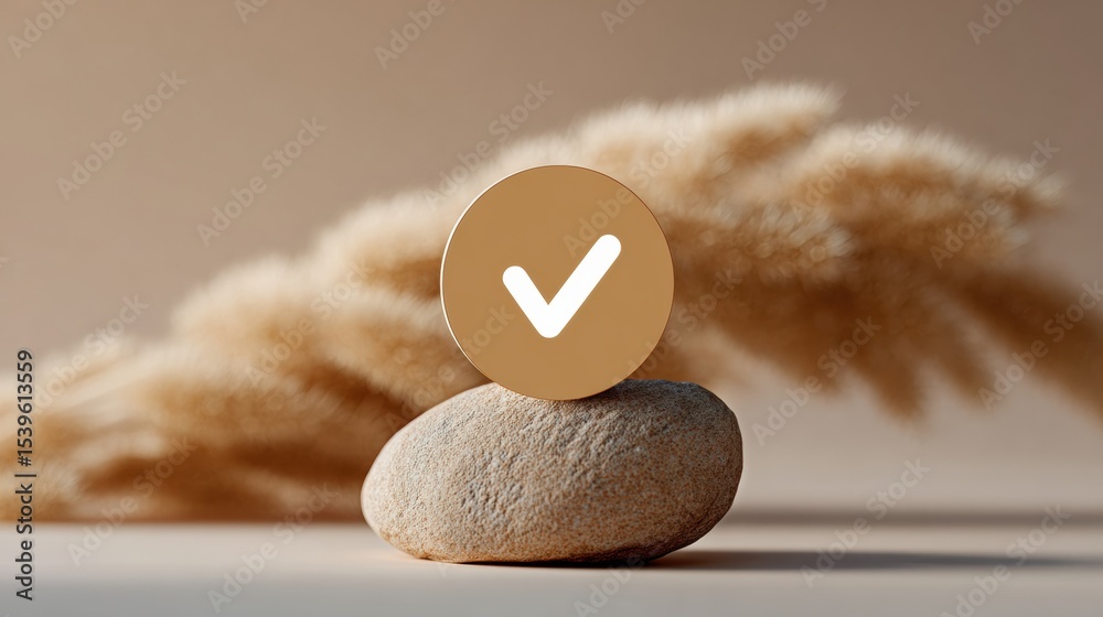 Poster Vote Counting Check Mark Icon on Textured Stone with Warm Golden Hour Light for Business Verification and Positive Validation in Modern Branding