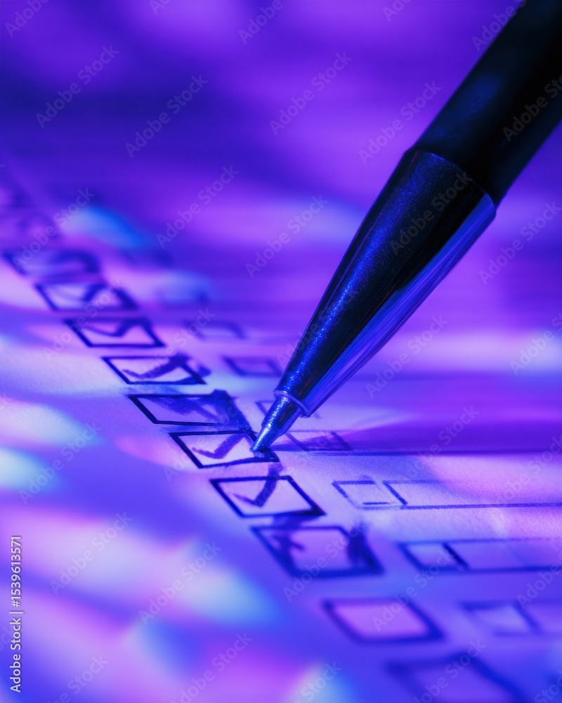Aufkleber futuristic vote counting checklist with ballpoint pen and neon blue led lighting symbolizing precisi