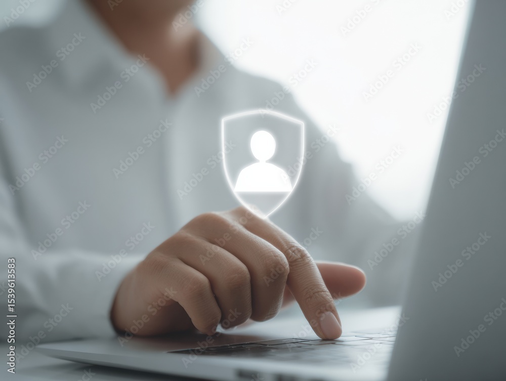 Poster Modern digital identity verification with holographic security interface and user profile icon on sleek laptop in minimalist business environment
