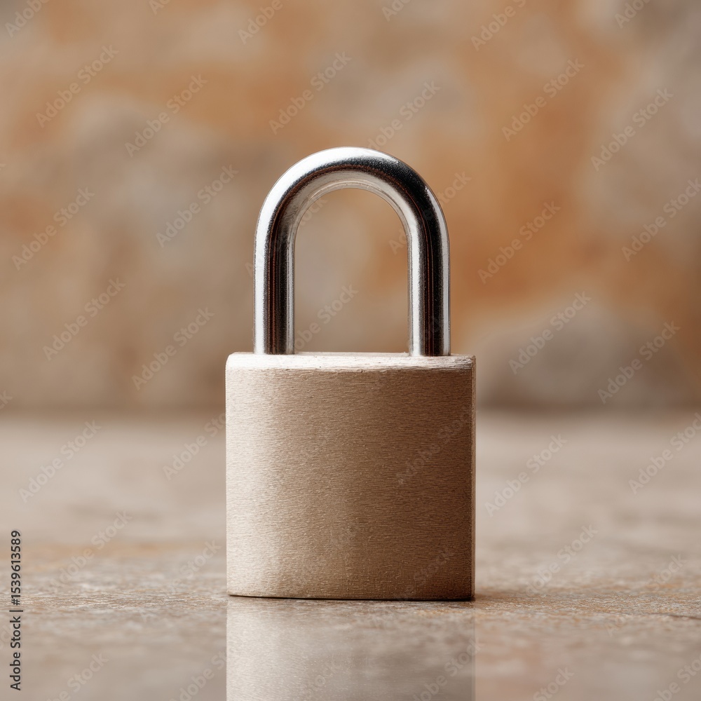 Aufkleber Secure Metallic Padlock on Reflective Surface with Rustic Earthy Tones Emphasizing Password Protection and Robust Digital Security Infrastructure