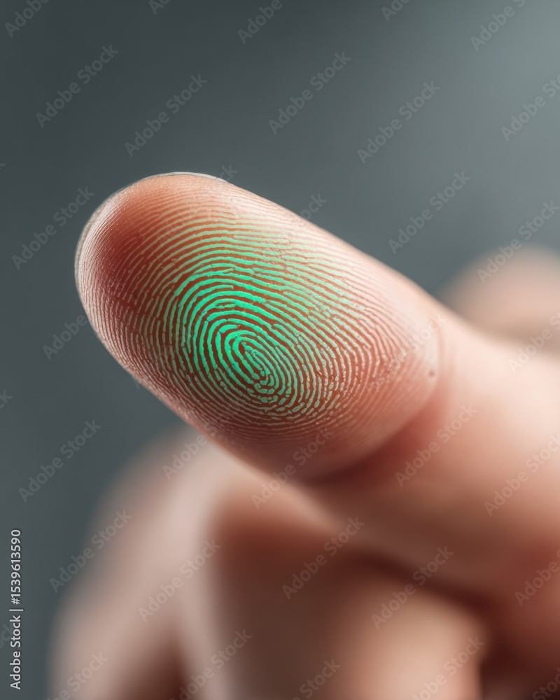 Poster Futuristic biometric fingerprint authentication with neon green light on digital scanner showcasing secure access and advanced identity verification technology
