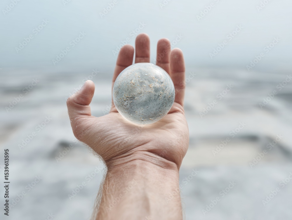 Poster open hand holding translucent sphere with air quality indicator and bubbles symbolizing clean air an