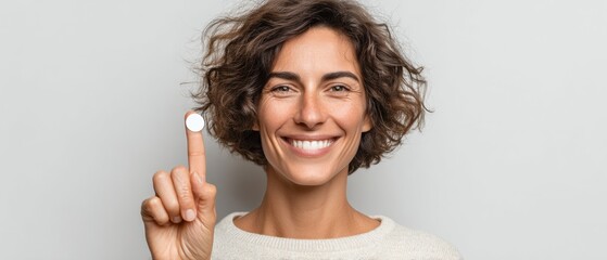 Confident woman showing vote sticker on finger with smile, symbolizing democratic participation, civic pride, and voter engagement for social awareness campaigns