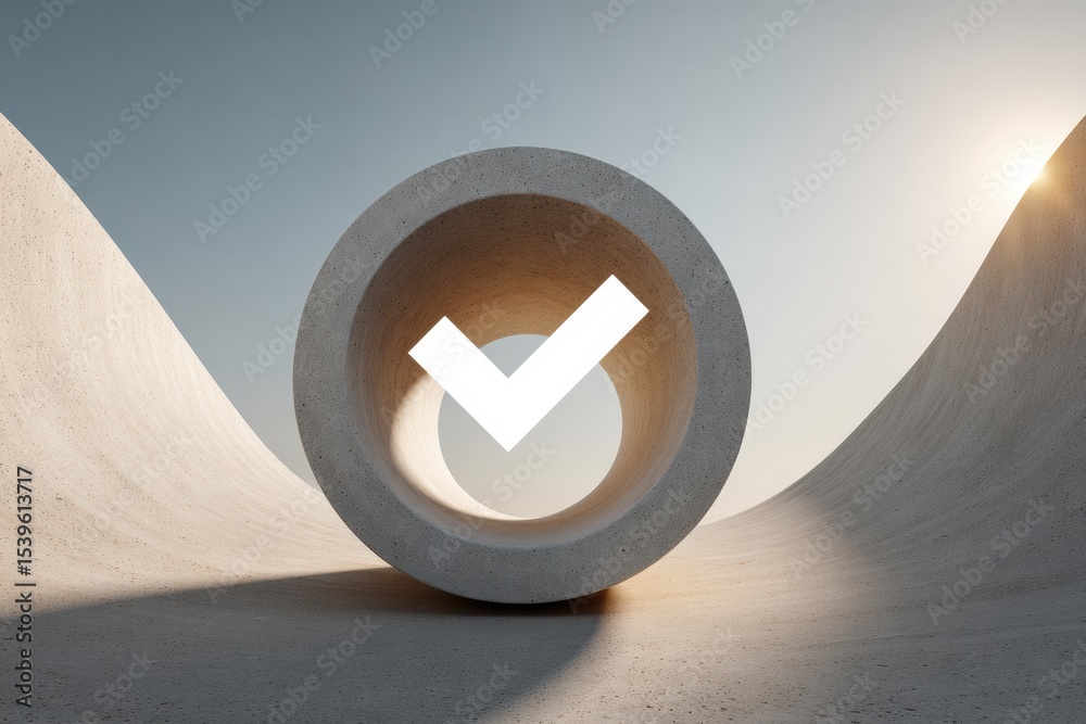 Leinwandbilder Modern Concrete Circular Frame with Transparent Check Mark Icon Symbolizing Verification and Quality Assurance in Minimalist Tech and Business Innovation