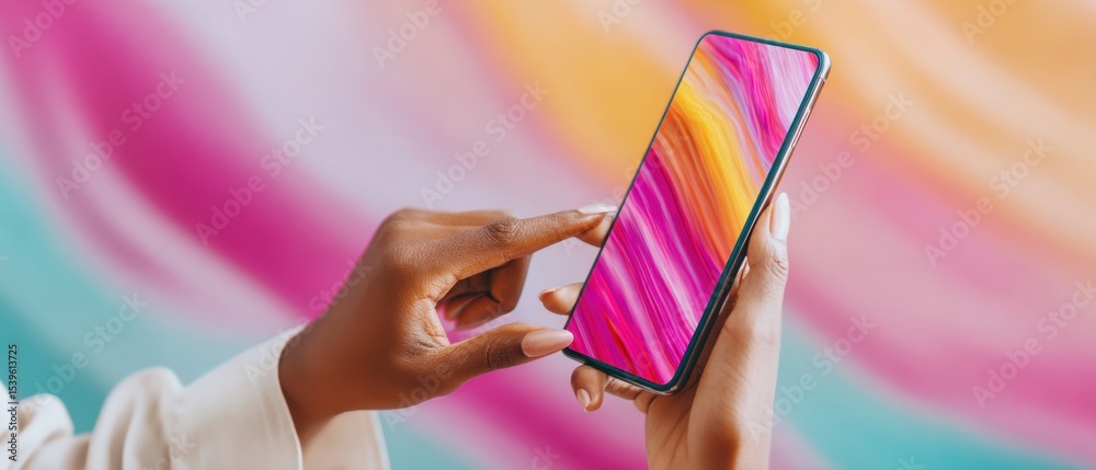 Poster Digital wallet transaction interface on smartphone with vibrant abstract gradients, modern mobile payment app showcasing accessible finance and user-friendly banking