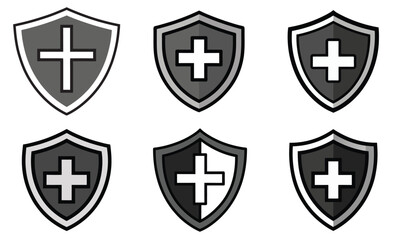 Fototapeta premium Collection of Shield Icons with Cross Symbols in Various Styles, people life insurance icon set safety health assurance policy medical shield service vector with aid cros,Protection and unprotection, 