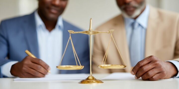 Modern Trade Policy Debate with Legal Documents, Scales of Justice, and Professional Attorneys Discussing International Contract Negotiations in Corporate Setting