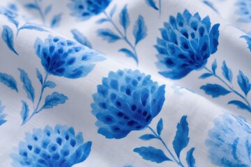 Summery Blue Floral Hand Block Print on White Cotton Fabric - Traditional Botanical Textile Design for Sustainable Fashion and Artisanal Craftsmanship