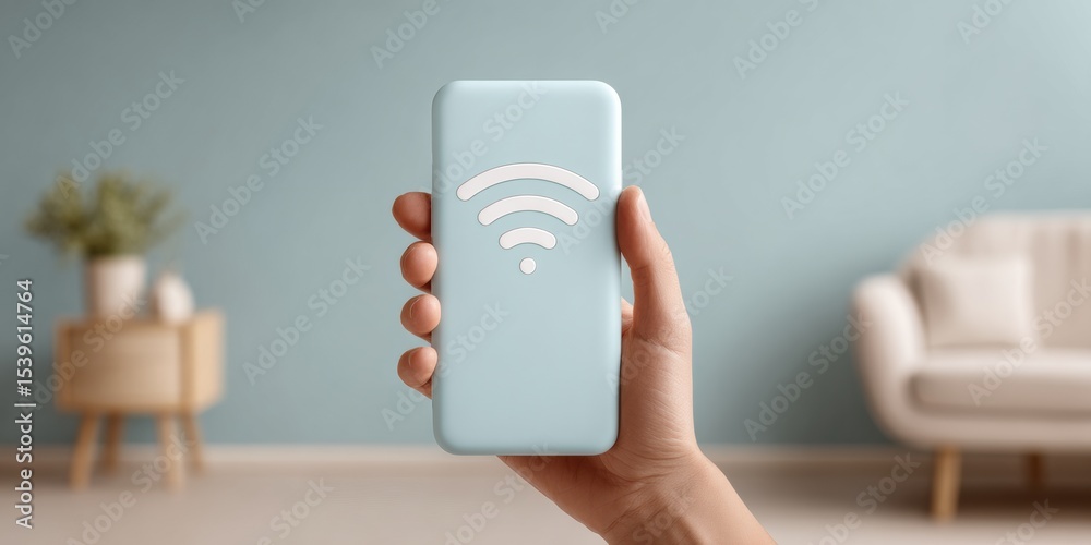 Poster smartphone hotspot with floating wifi icons in modern minimalist interior for wireless connectivity 