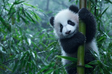 Obraz premium A baby panda is climbing a bamboo tree