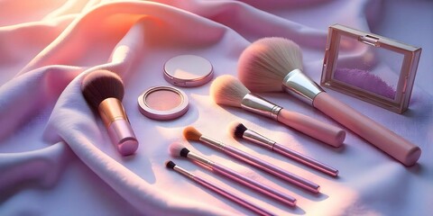 Pastel Makeup Brushes and Accessories Flatlay  Soft Feminine Beauty Tools on soft coloer  Background. Makeup Brushes..