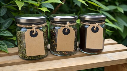 three neatly sealed jars on wooden shelf