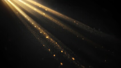 Golden light rays radiating diagonally across a dark background, filled with shimmering particles