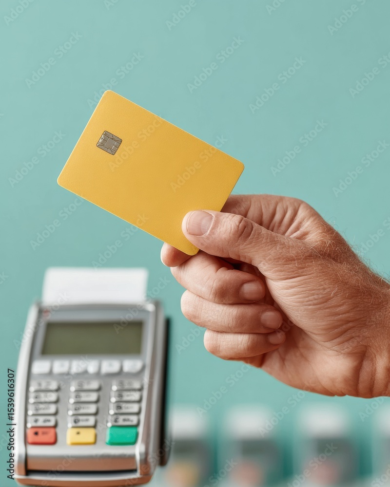 Poster Modern Contactless Payment with Yellow Credit Card and POS Terminal, Clean Tech Aesthetic Highlighting Secure Transactions in Retail Environment