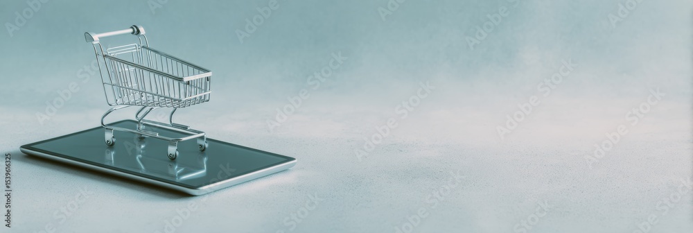 Poster ai-powered e-commerce interface with holographic shopping cart on tablet in minimalist industrial st