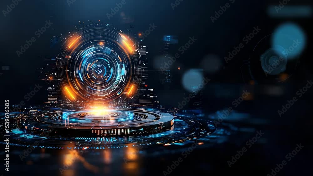 Poster a glowing digital interface with concentric circles and futuristic lights, evoking advanced technolo