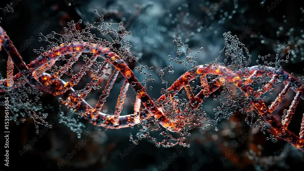 Poster a detailed, close-up illustration of a dna double helix molecule with surrounding molecular structur