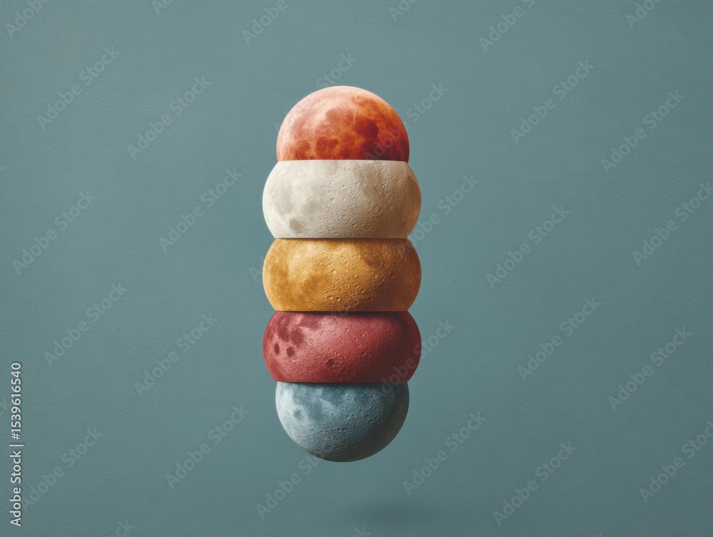 Poster Vertical Alignment of Multiple Moon Phases in Modern Color Palette on Minimalist Background for Educational and Astronomical Visual Content