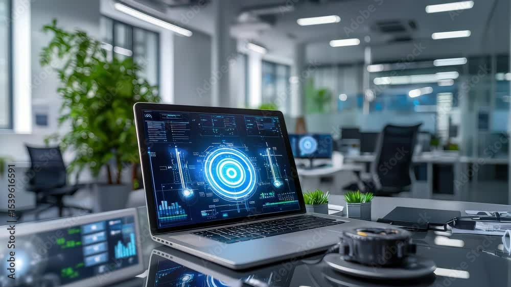 Poster a modern office workspace with a laptop displaying futuristic digital data graphics on a glass desk,