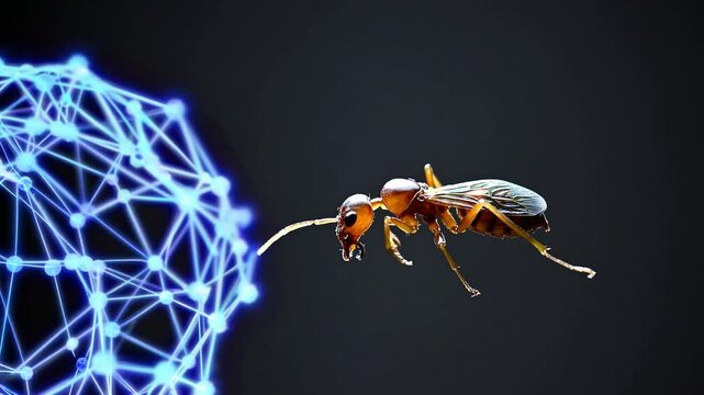 Winged Termite Facing Neural Network Hologram with Subtle Green Glow