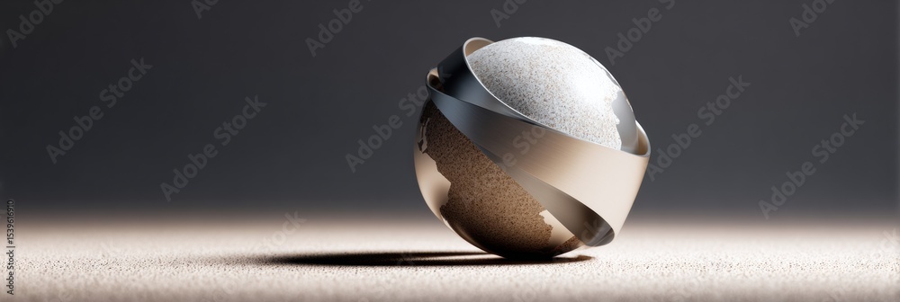 Poster dramatic chiaroscuro earth globe with flowing ribbons on neutral surface symbolizing global unity an