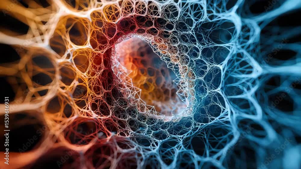 Poster a network of colorful, interconnected filaments forms an intricate organic web with a vibrant, glowi