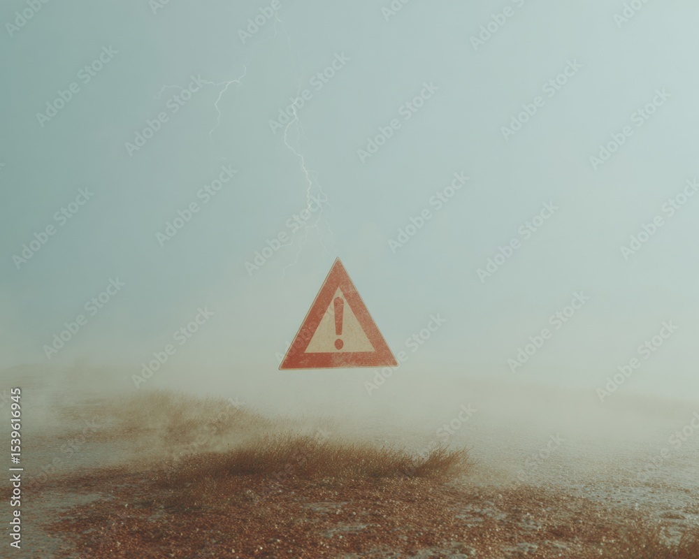 Poster minimalist hurricane warning sign with exclamation mark and lightning strike in moody storm scene fo