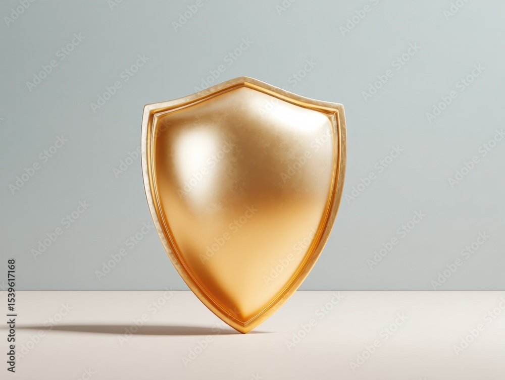 Poster golden sheen metallic shield with polished surface and geometric precision in minimalist architectur