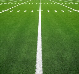 Obraz premium Vibrant green American football field with marked white lines, ready for the game. Ideal for sports themes.