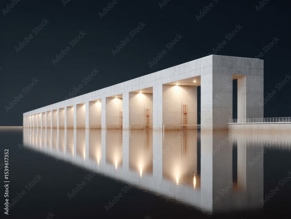 Poster modern flood barrier with concrete and steel structure, dynamic geometric pattern, high-definition a